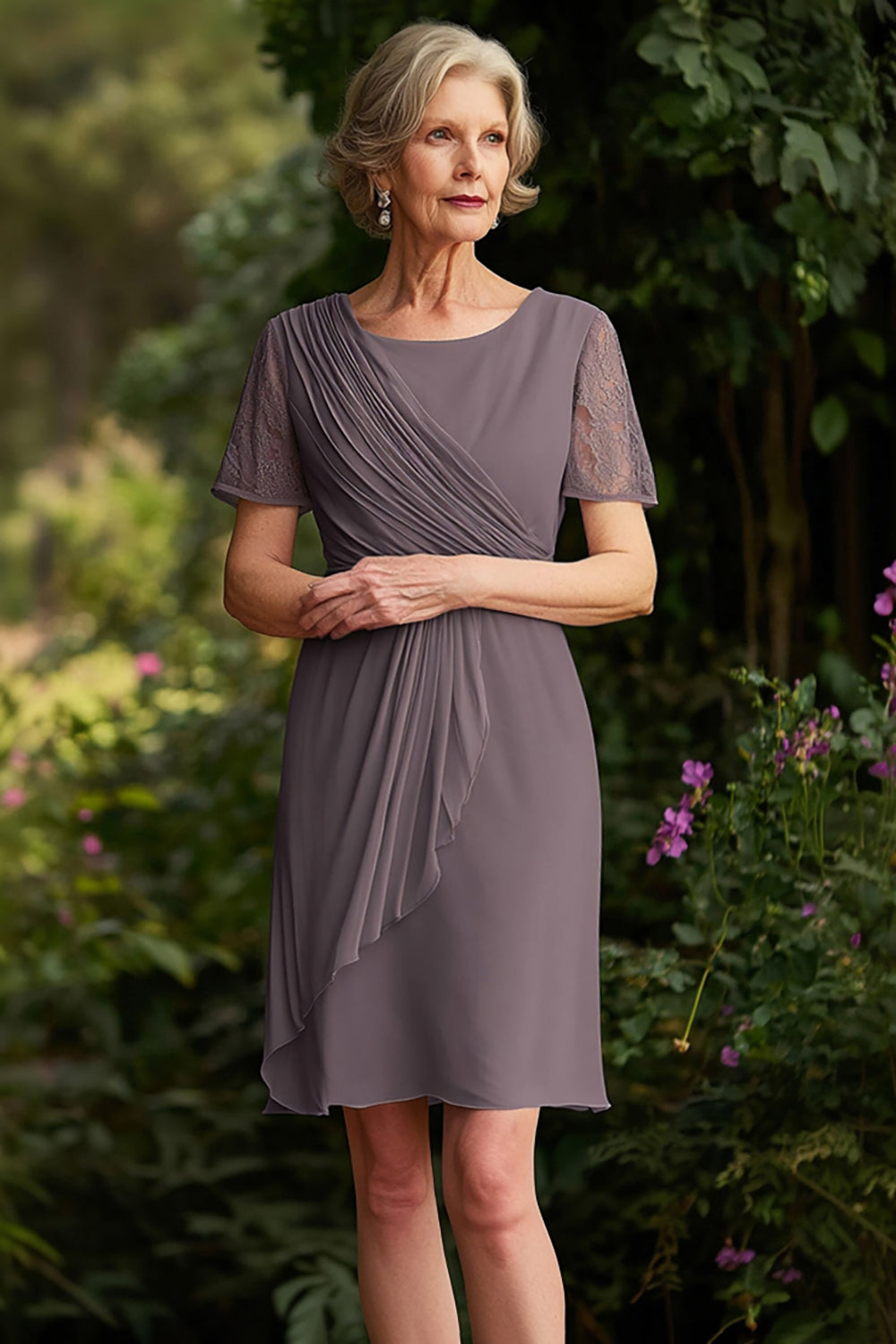 Dusk Ruched Short Chiffon Mother of the Bride Dress with Sleeves
